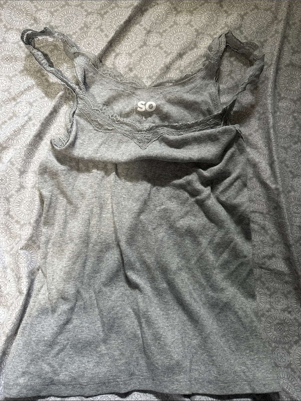 Gray Ribbed Lace-Trim Cami Tank Top